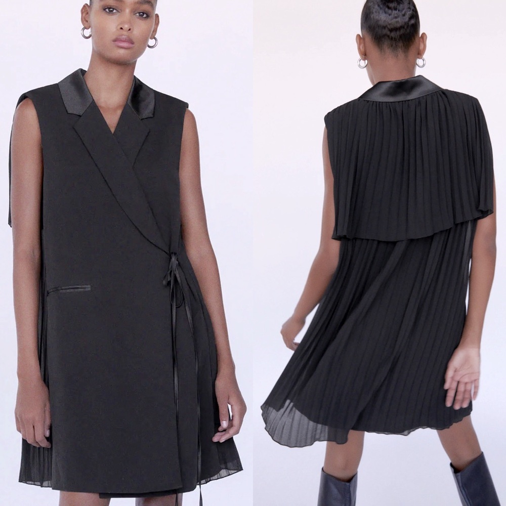 Zara COMBINED PLEATED WRAP BLAZER DRESS BLACK NEW